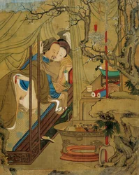 Asiatisk kunst: Erotisk scene. Et par under elskov i en seng. Maleri på silke fra 1700-tallet. Privat samling