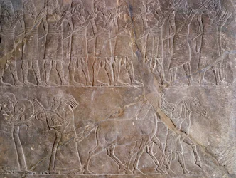 Orientalsk antikk: detalj av et bas-relieff i kalkstein: musikerne til rustningen til Assurbanipal eller Ashurbanipal, kongen av Assyria (Mesopotamia) (669 f.Kr.-627 f.Kr.). 640 f.Kr. Fra Nineve. Paris, Louvre-museet