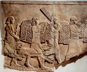 Scene med Ashurbanipal-jakt, fra kongelige palasser i Nineve, ca. 645 f.Kr. (steinrelieff)
