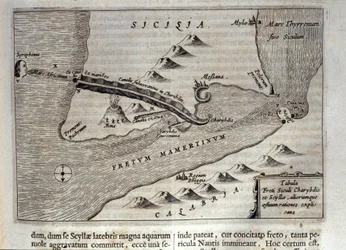 Kartografisk fremstilling av «Kharybdis» og «Skylla» i Messinastredet, Sicilia. Gravering fra «Mundus Subterraneus» av Athanasius Kircher (1601-1680), jesuitt, orientalist og lærd, 1682