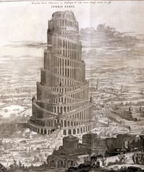 Babels tårn. Rekonstruksjon av Athanasius Kircher i hans verk «Turris Babel» om dette tårnet og den tidlige menneskehetens historie.