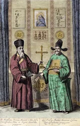 Portrett av Matteo Ricci (til venstre), italiensk jesuite og Paul Ly, stor formidler av den kristne tro i Kina, gravering av "De China monumenta" av Athanasius Kircher (1601-1680), jesuite, tysk orientalist og lærd