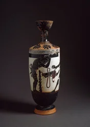 Gresk kunst: "" Herakles og Atlas"" Detalj av Herakles (Herkules) Lekythos (lecyth) hvit realisert av maleren av Athena (450-400 f.Kr.). Athen, Nasjonalt arkeologisk museum