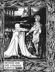 Kong Arthur mottar besøk av en ung jente sendt av gebyret Morgane (Kong Arthur og den merkelige mantelen sendt av Morgan the fay) Illustrasjon av Aubrey Beardsley (1872-1898) fra Thomas Malorys "The Death of Arthur"