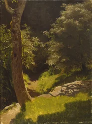 Parklandskap med hagesti (olje på lerret)