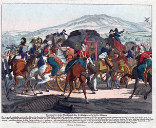 Napoleons flukt etter slaget ved Waterloo (1815) - Campe, August Friedrich Andreas (1777-1846) - Etsning, akvarell - 21,5x26,3 - Privat samling