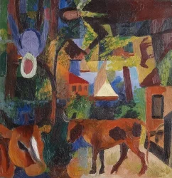 Landskap med kuer, seilbåt og figurer. 1914