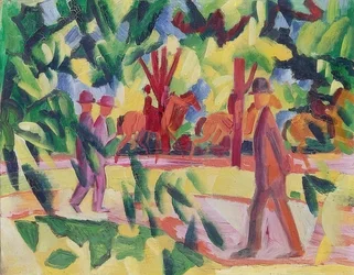 Ryttere og turgåere i en allé. 1914
