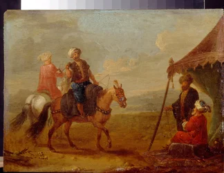 Turkish Riders - Maleri av August Querfurt (1696-1761), olje på tre