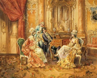 Ved piano, av Stephan Sedlacek (1868-1936), olje på lerret