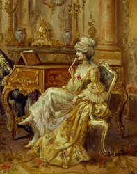 Ved piano, av Stephan Sedlacek (1868-1936), olje på lerret, Detalj
