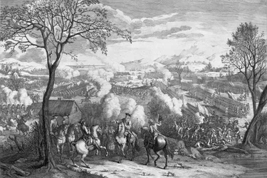 Slaget ved Culloden 16. april 1746, gravert av Luke Sullivan, ca. 1746 (farget linjegravering)