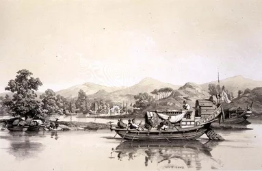 Kinesisk fergebåt mellom tollen i Tchynay og Canton, plate 18 fra 