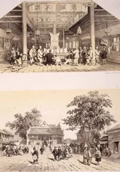 Interiør av Buddha-tempelet og en liten plass i forstedene til Canton, plate 25 og 26 fra 