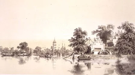 Temple, Pagoda and Village på Macao-Canton Canal, plate 22 fra 