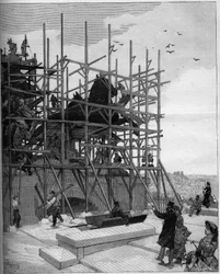 Arc de Triomphe i Paris: nåværende tilstand av byggearbeid på skulpturen av Alexandre Falguiere (1831-1900) eller ""Republikkens triumf""