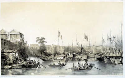 Europeiske fabrikker i Kanton - i "Kina og kineserne", tegninger av Auguste Borget og litografier av Eugène Cicéri