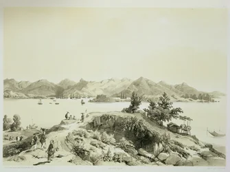 The Bay and Island of Hong Kong, plate 4 fra 'Sketches of China', gravert av Eugene Ciceri (1813-90) 1842 (tonet litho)