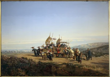 Reisende bruker en vogn med seil og skyter av menn. Maleri av Auguste Borget