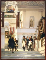 Napoleon I besøker trappen i Louvre, ledsaget av arkitektene Percier og Fontaine …