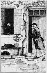 Sogn til landsbyen Ermenonville inviterer filosofen Jean Jacques Rousseau (1712-1778) til å gå inn i hans prestegård. Oise (60). Illustrasjon av Auguste Francois Gorguet (1862-1927)