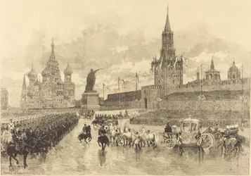 Tsarens kroning. Det keiserlige opptog krysser Den kongelige plass, 1883.