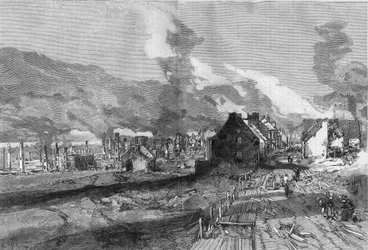 Utsikt over ruinene av Quebec City (Canada) etter brannen i juni 1881. Gravering av Lepere i "" The Illustrous World"" nr. 1267 av 9. juli