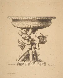 Ornamental design av tre barn som holder opp en fontene, 1800-tallet.
