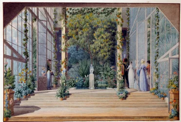Et besøk i det oppvarmede drivhuset på Malmaison-slottet, 1823. Mål: 0,16 x 0,24 m. Malmaison, Musée du Château