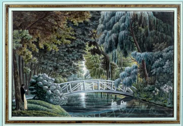 Utsikt over trebroen over elven til venstre for slottet Malmaison Watercolor d