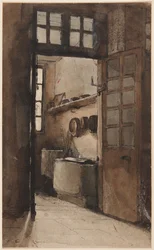 Kjøkkeninteriør, ca. 1862 (penn, blekk og akvarell)