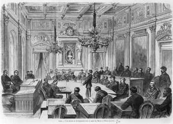 Medlemmer av kommunen i møte på Hotel de Ville, Salle des Maires, Paris, 1871