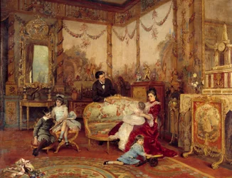 Viktorianske Sardou (1831 - 1908), dramatiker og hans barn. Utsikt fra innsiden av en stue med ild foran peisen. Maleri av Auguste La Brely (1838-1906)