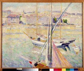 Seilbåter i den gamle havnen i Marseille (olje på lerret)