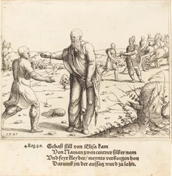 Elisa straffer Gehazi med Naamans spedalskhet, 1547.