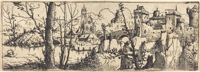 Landskap med slott til høyre, omgitt av steiner, 1546.