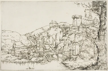 Landskap med elv, by og slott