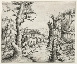 Elvelandskap med steiner til venstre og høyre