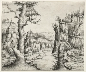 Elvelandskap med steiner til venstre og til høyre, 1546.