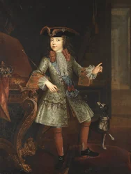 Portrett av kong Ludvig XV (1710-1774) som barn - Augustin-Oudart Justinat (?-1743). Olje på lerret