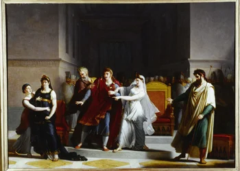 Siste scene fra tragedien «Rodogune» på Théâtre-Français i 1810 (olje på lerret)