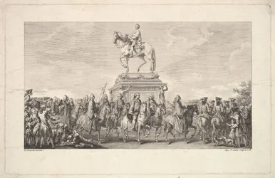 Innvielsen av statuen av Louis XV, Vignette på side 1, fra Description des Trava..., 1766.