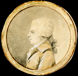 Wolfgang Amadeus Mozart - Augustin de Saint-Aubin (1736-1807). Sanguine, svart kritt og hvit farge på papir, ca 1778. Dimensjon : D 13,8 cm. Privat samling