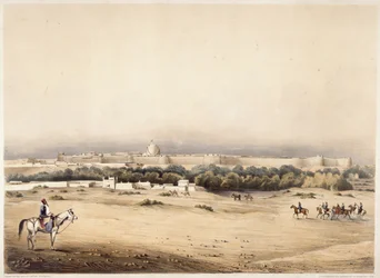 Sir Charles Napier i forgrunnen etterfulgt av hans eskorte av Scinde-hesten, Hyderabad, ca. 1850 (farge litho)