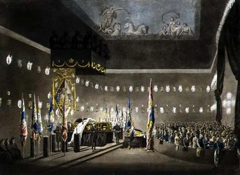 Rester av Lord Viscount Nelson som ligger i staten i Painted Chamber på Greenwich Hospital, gravert av J. Merigot, pub. 1806 (fargegravering)