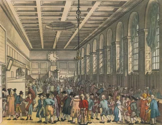Interiør i Custom House, London, 1808. Kunstnere: Augustus Charles Pugin, Thomas Rowlandson.