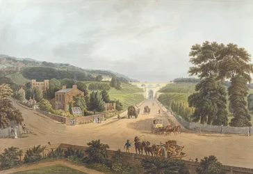 A View of the Highgate Archway, 1821, gravert av John Hill (1770-1850) (akvatint)