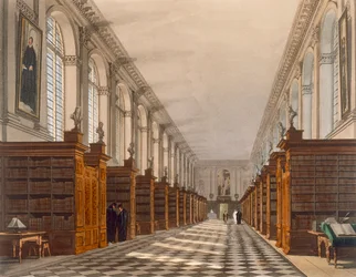 Interiør av Trinity College Library, Cambridge, fra The History of Cambridge, gravert av Daniel Havell (1785-1826), pub. av R. Ackermann, 1815 (fargeakvatint)