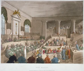 Innvendig utsikt over Sessions House, Old Bailey, med en domstol i møte, City of London, 1809