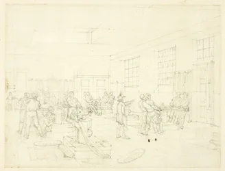 Studie for Myntverket, fra Mikrokosmos av London (rekto); Skisse av gårdsplassen (verso)